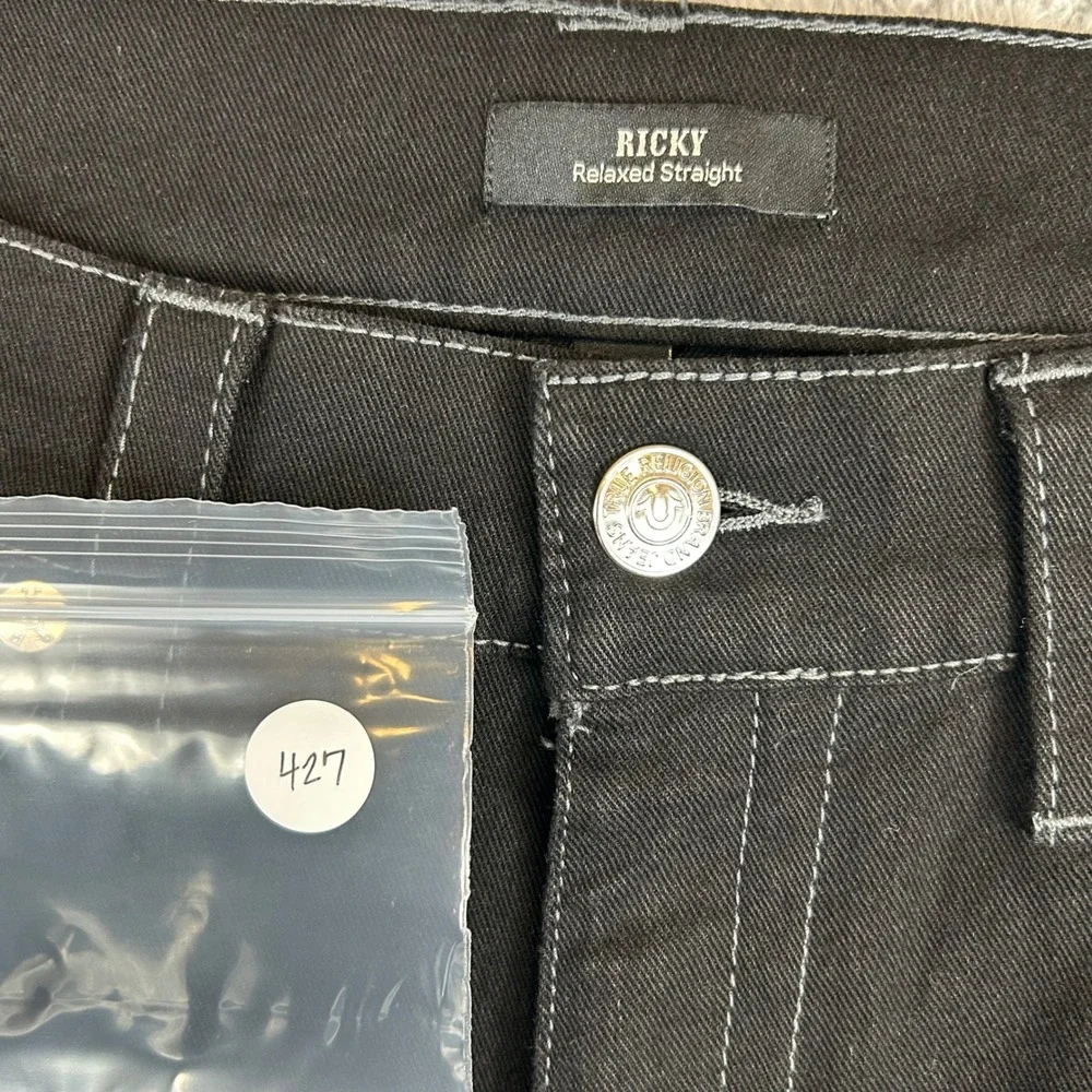 True Religion Ricky Relaxed Straight Black Contrast‎ Stitch Jeans Mens 36x29